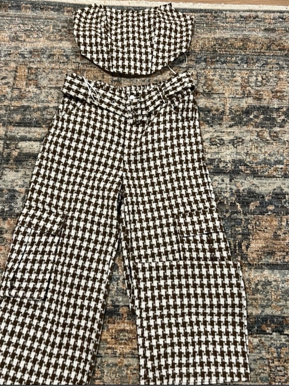 Blue Blush Brown and White Houndstooth Two Piece Set